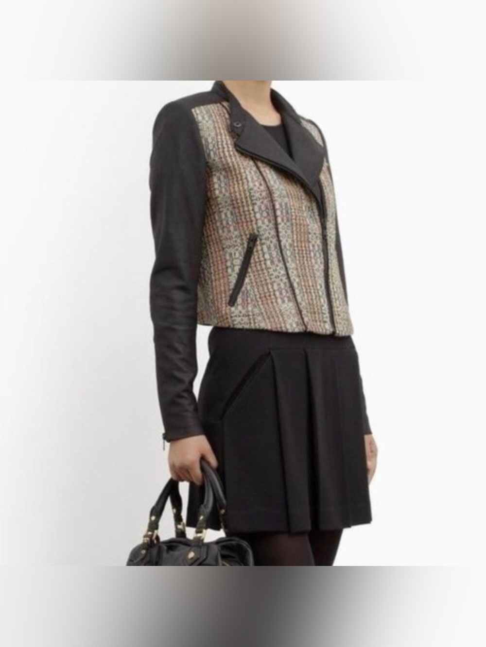 THEORY Multicolored Woven Silk w/ Soft Sueded Goat Leather Sleeves Zip Up Jacket - Picture 3 of 7